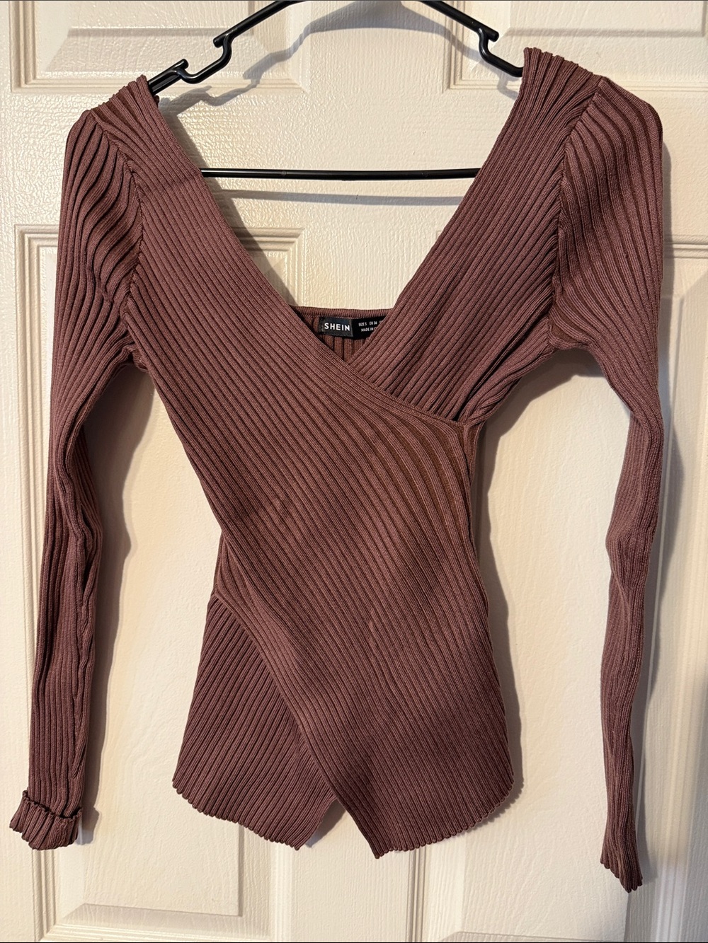 SHEIN Ribbed Wrap Long-Sleeve Top in Mauve Brown